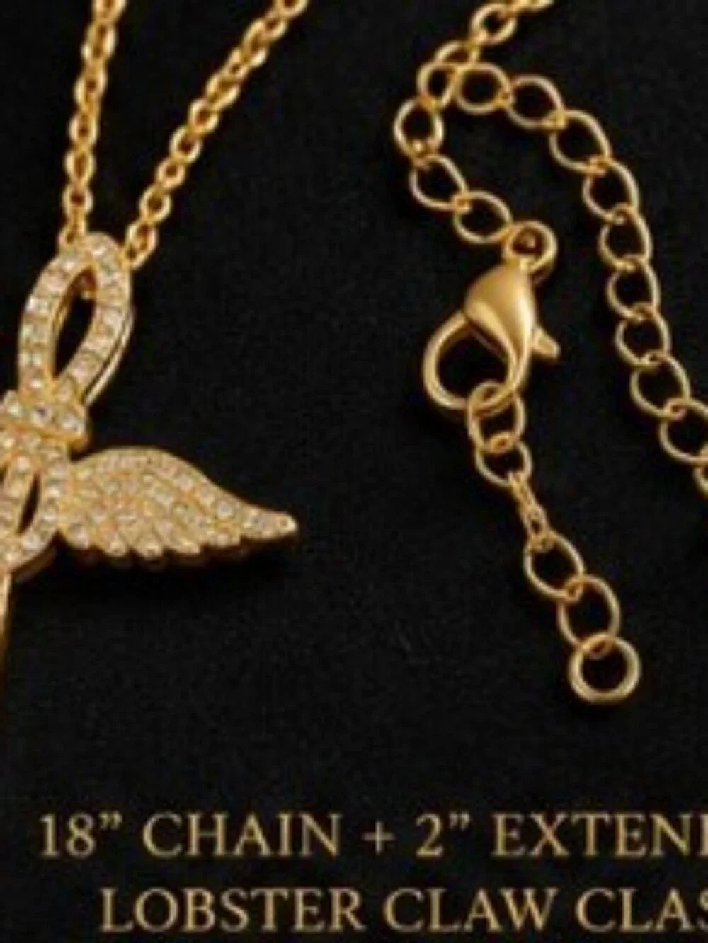 18K Gold Over Stainless Steel Angel Wing Cross Necklace CZ Christian Faith 18+2